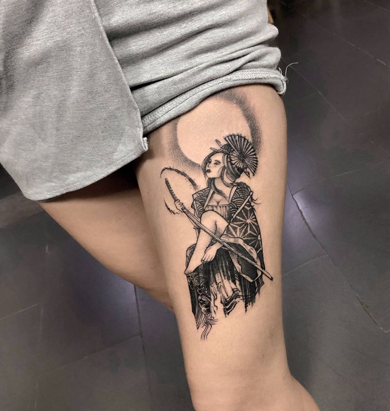 日风艺妓纹身图片_腿部纹身图案