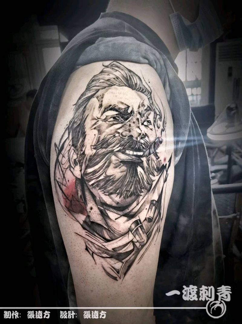 男枪纹身图片_肩部点刺纹身图案