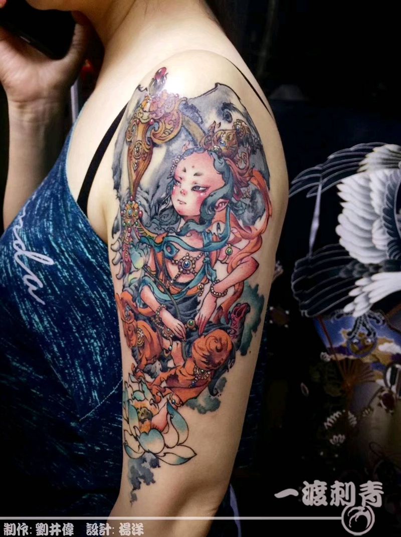 普贤菩萨纹身图片_手臂水墨水彩纹身图案