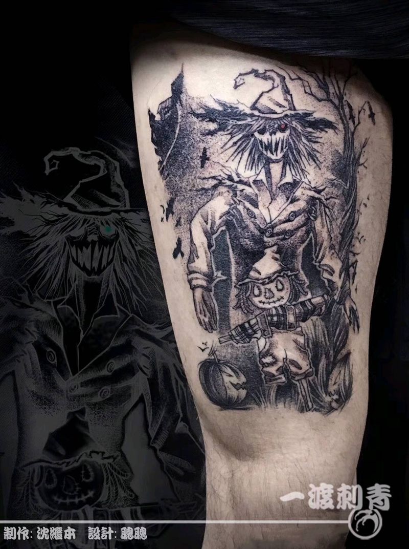 守护稻草人纹身图片_腿部点刺纹身图案