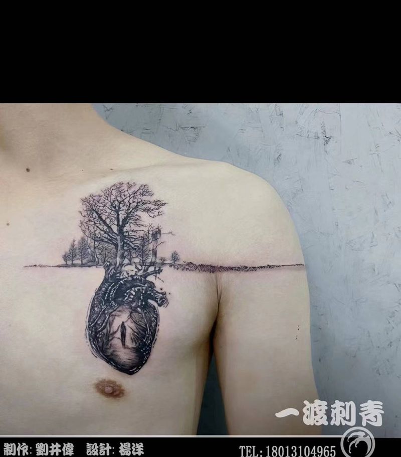 心脏纹身图片_胸部点刺纹身图案