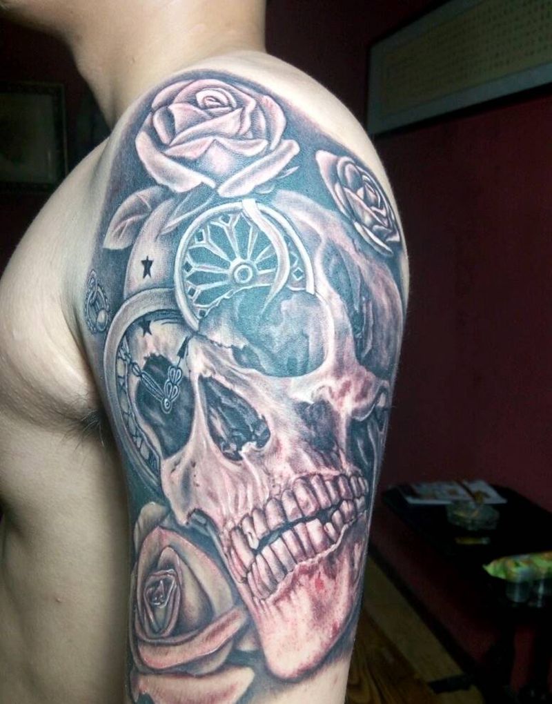 骷髅牡丹纹身图片_肩部欧美骷髅成品纹身图案
