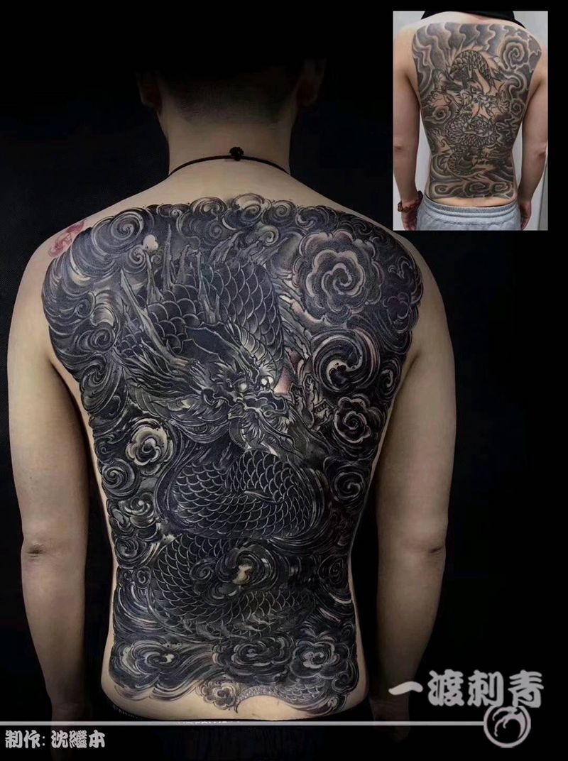 遮盖龙纹身图片_背部新传统纹身图案