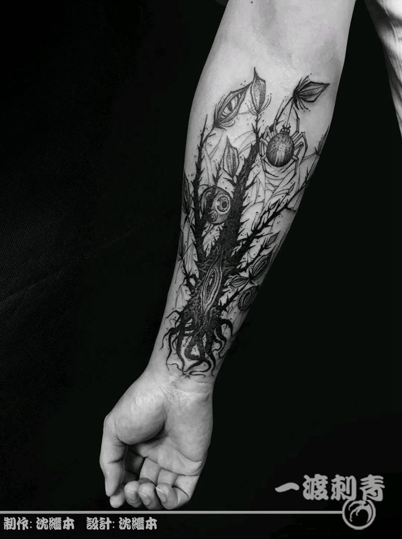 暗黑树枝和眼睛纹身图片_手臂点刺纹身图案