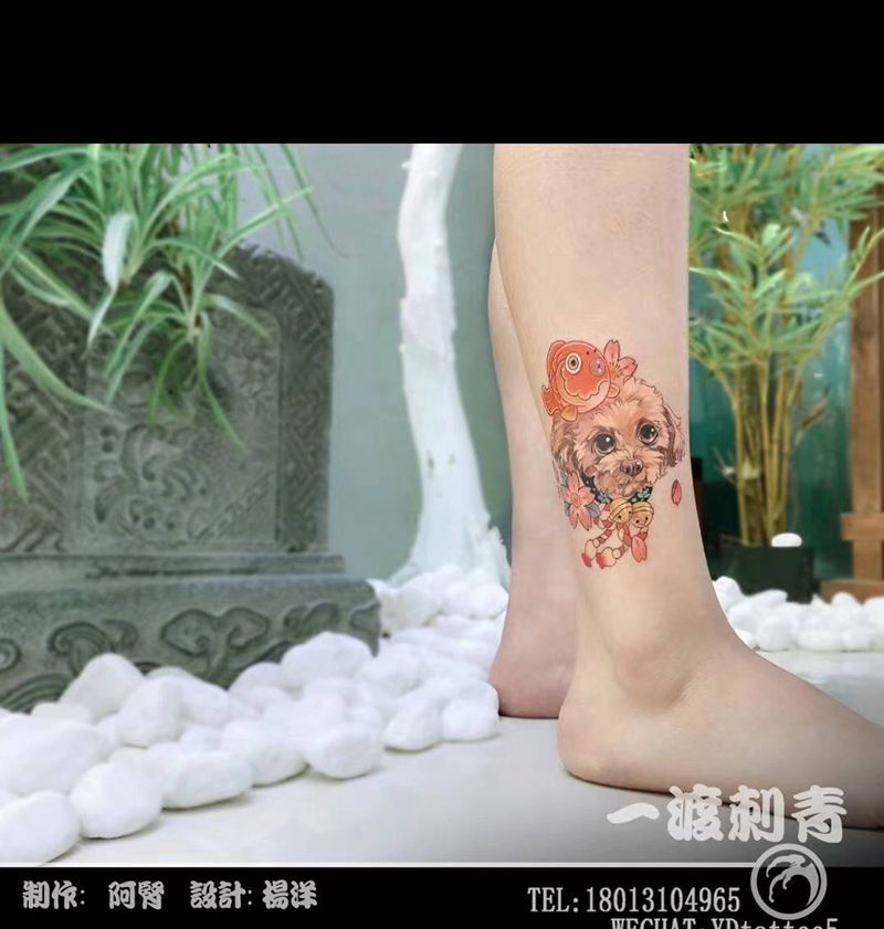 狗狗纹身图片_腿部New School水彩纹身图案