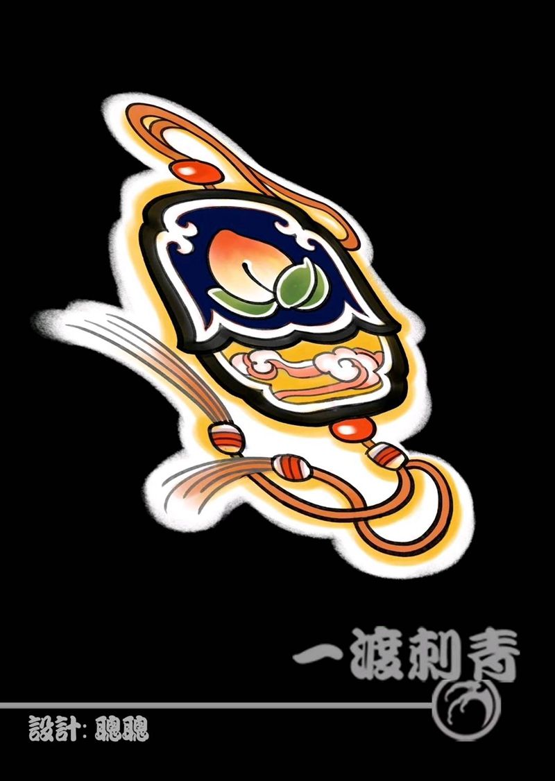 祥云寿桃荷包纹身图片_手臂腿部New School新传统纹身图案