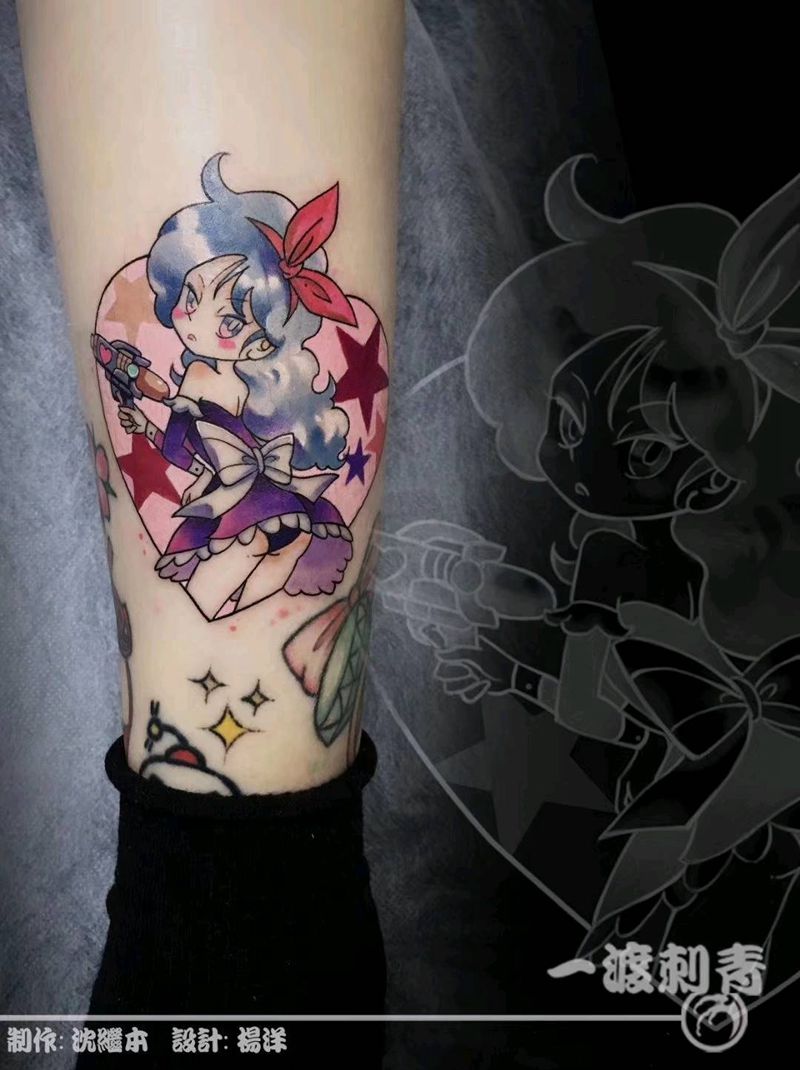 兰琪纹身图片_腿部New School纹身图案