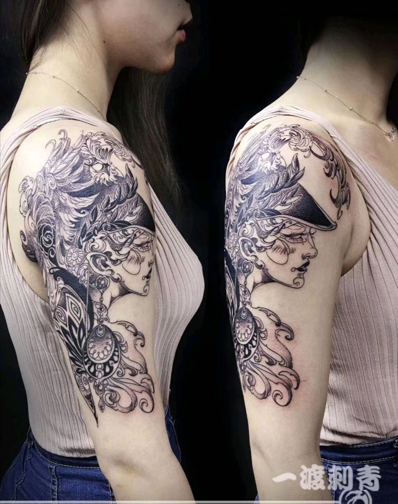 雅典娜纹身图片_手臂点刺纹身图案