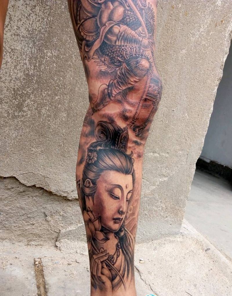 花腿大闹天宫纹身图片_腿部传统人物宗教成品纹身图案