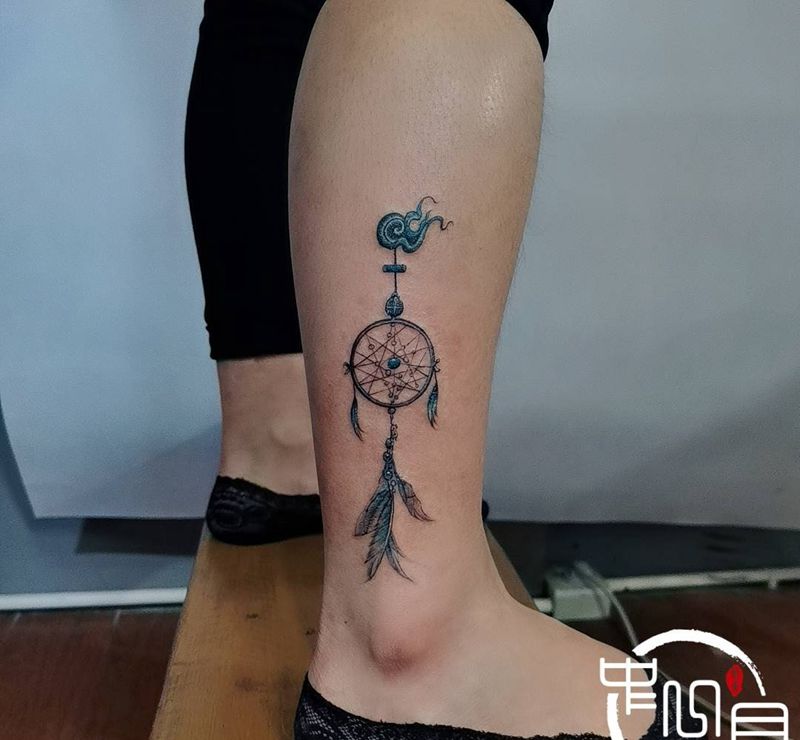 捕梦网纹身图片_腿部纹身图案