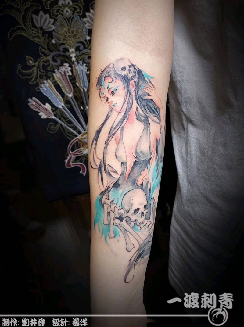 白骨精纹身图片_手臂水墨水彩纹身图案