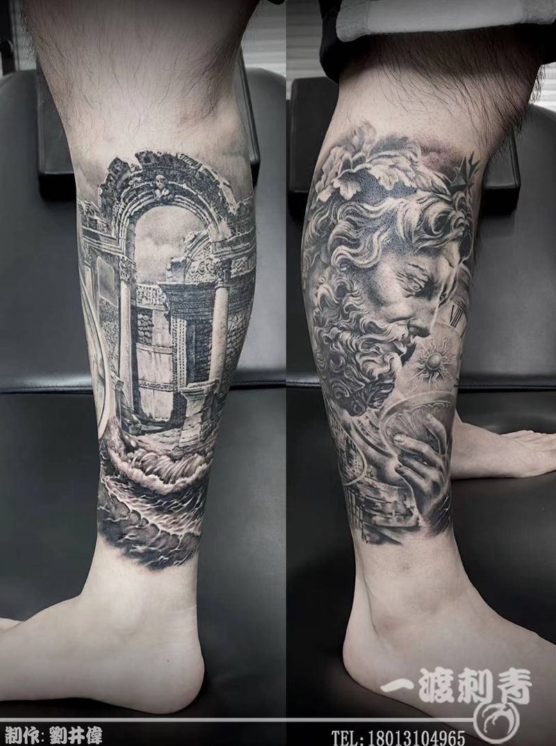 宙斯小腿纹身图片_腿部欧美写实纹身图案