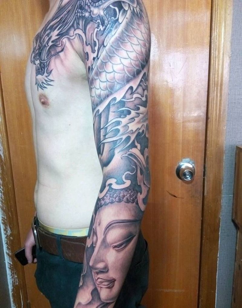 花臂修改添加纹身图片_手臂传统人物宗教成品纹身图案