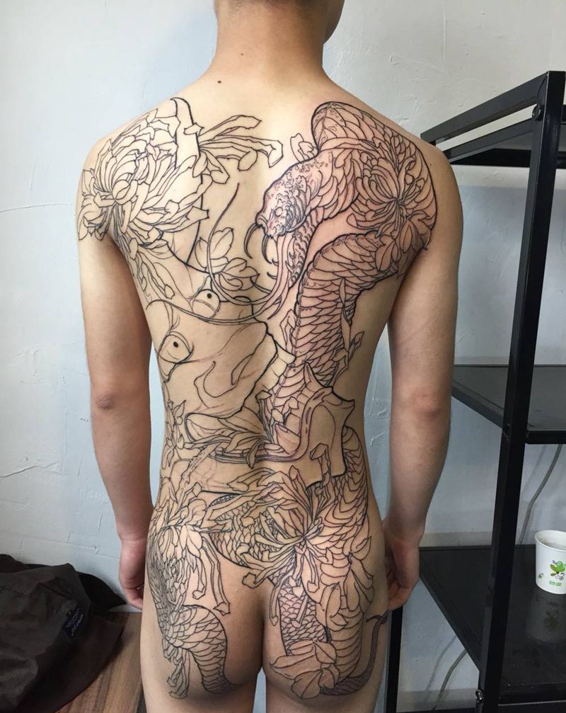 满背线条，恢复后纹身图片