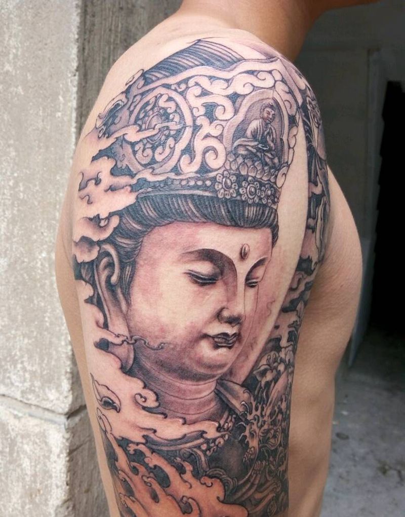 大臂文殊菩萨纹身图片_肩部手臂传统肖像人物宗教成品纹身图案