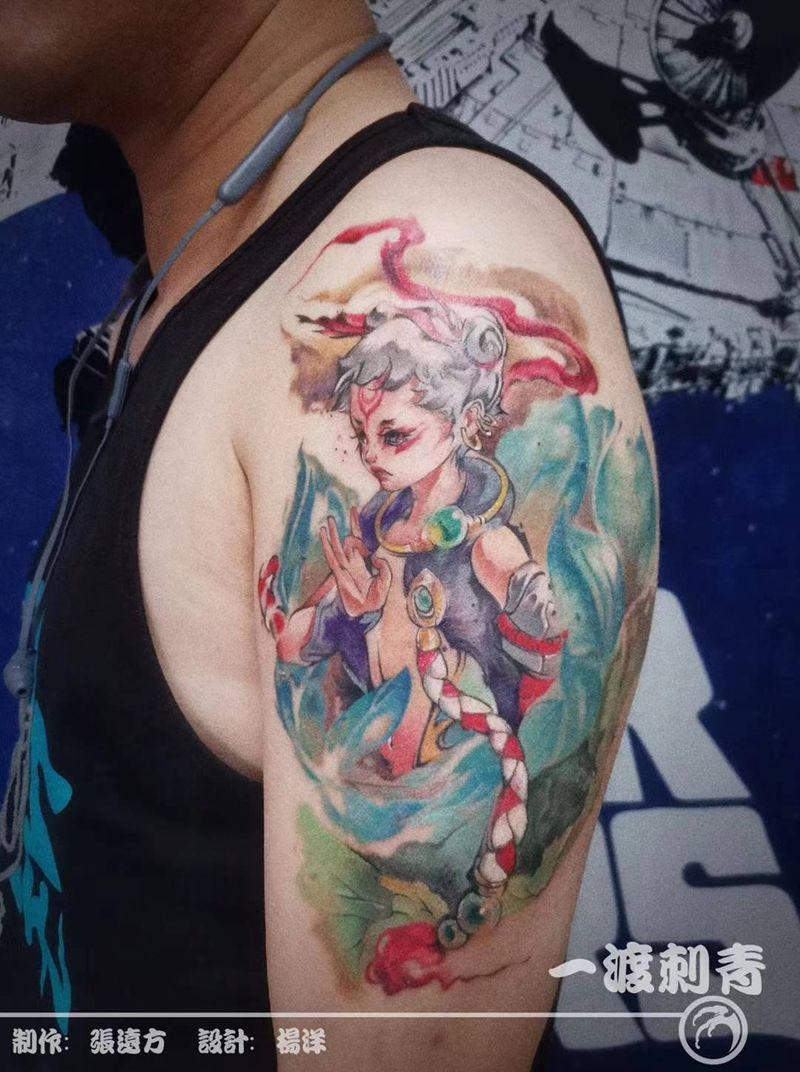 哪吒纹身图片_手臂水墨水彩纹身图案