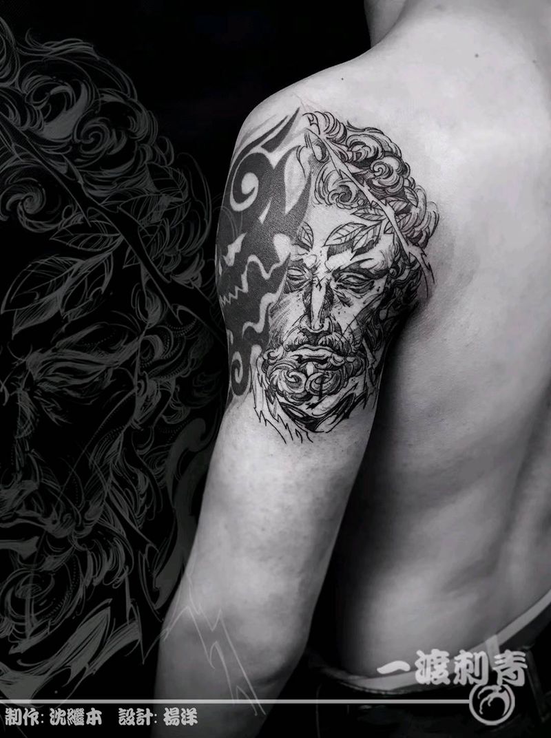 速写宙斯纹身图片_手臂点刺速写纹身图案