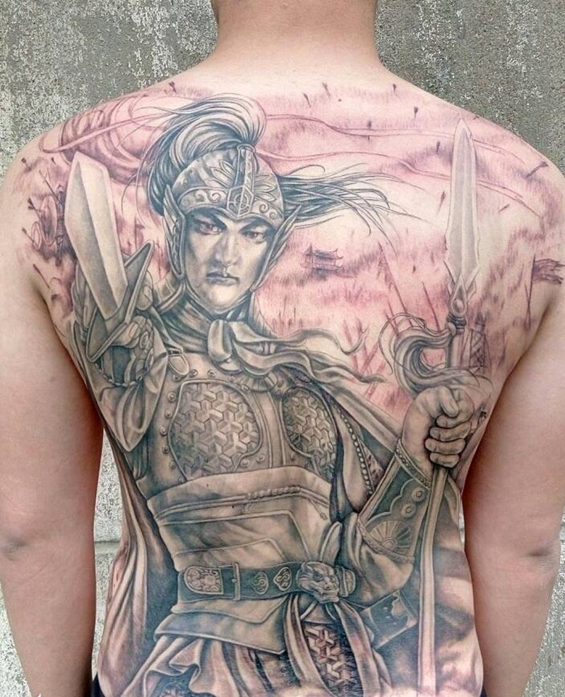 满背赵云纹身图片_背部人物成品纹身图案