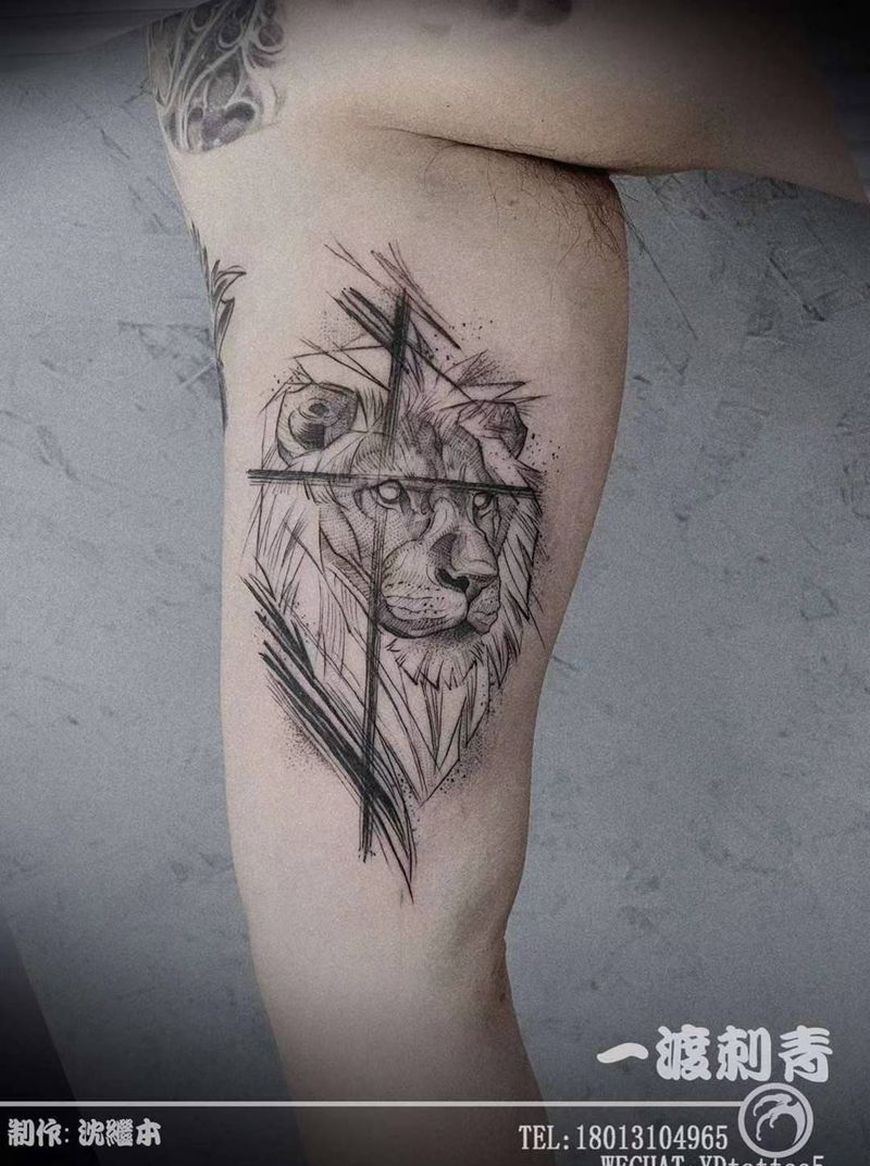 狮子纹身图片_手臂点刺纹身图案
