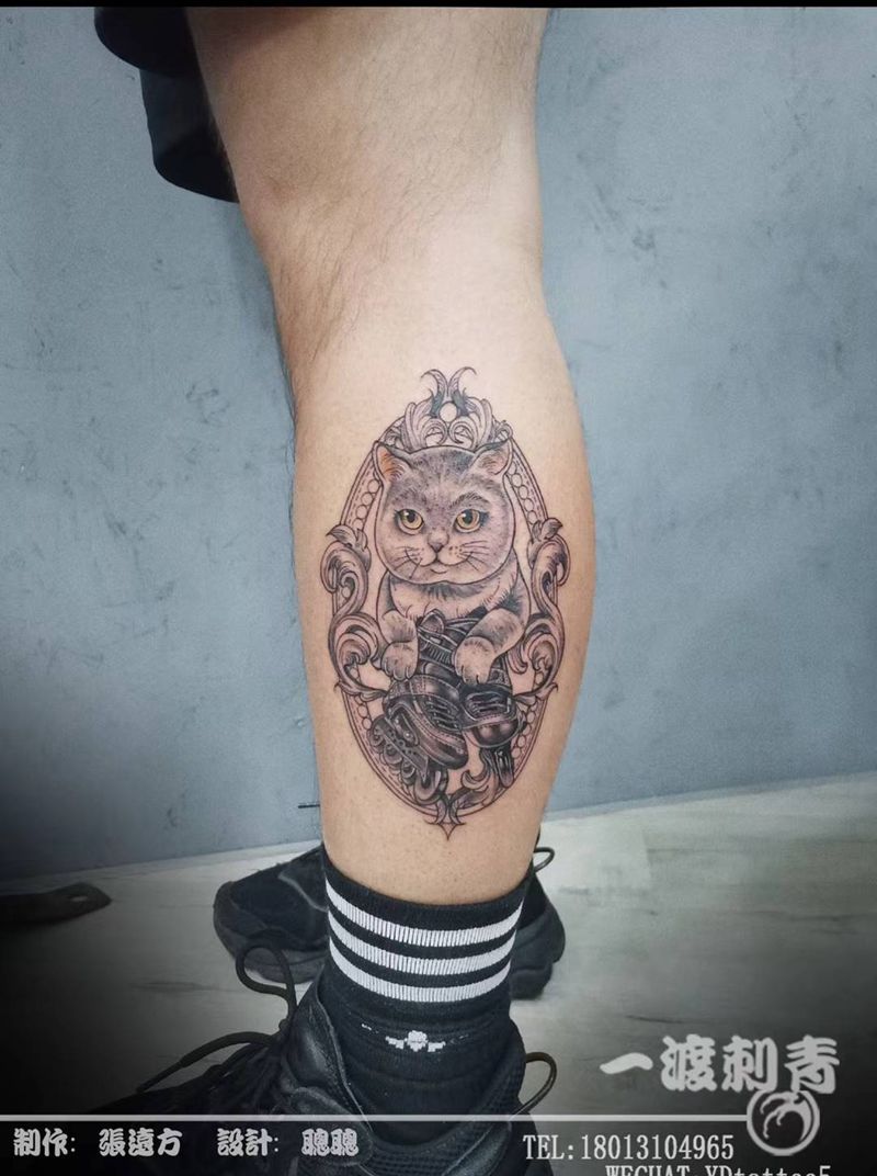 喵咪轮滑鞋纹身图片_腿部点刺New School纹身图案