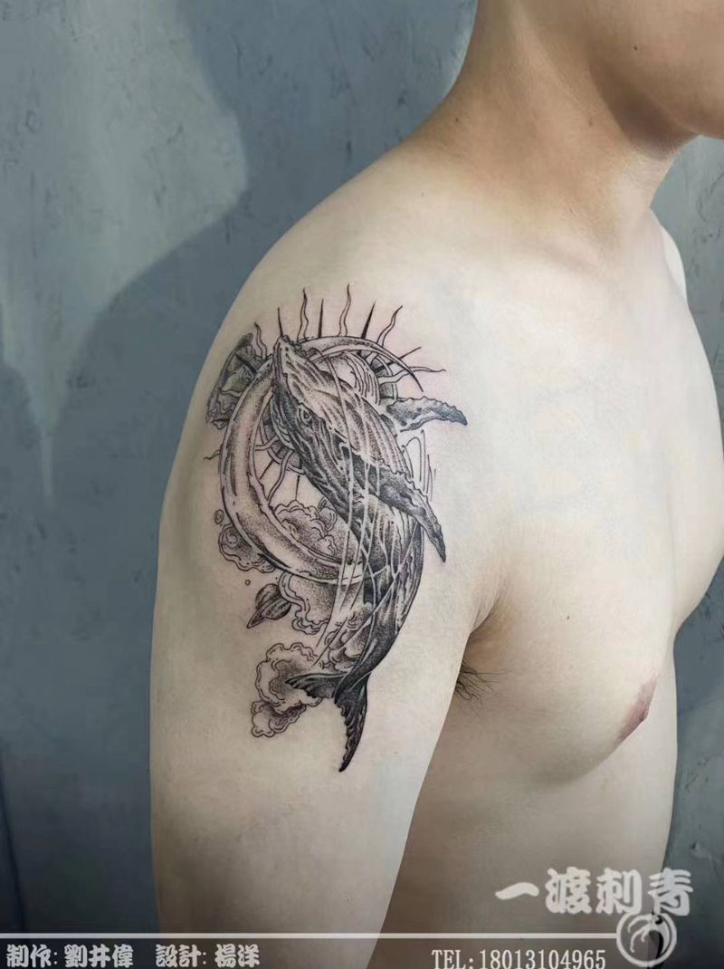 鲸鱼纹身图片_手臂点刺New School纹身图案