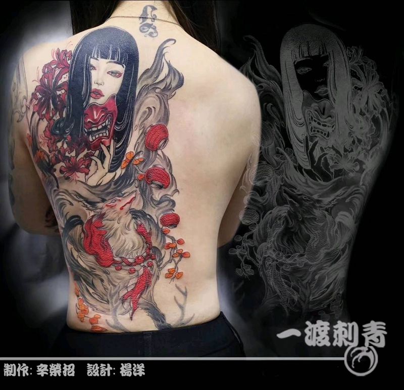 九尾狐纹身图片_背部新传统水彩纹身图案