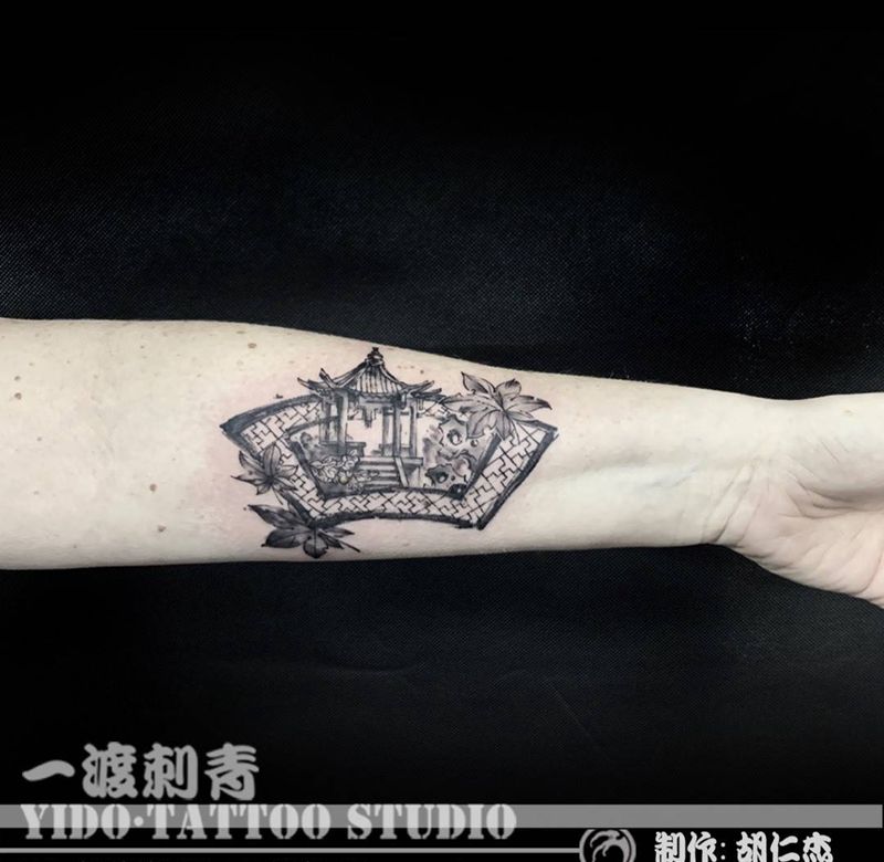 苏州园林纹身图片_手臂水彩水墨纹身图案