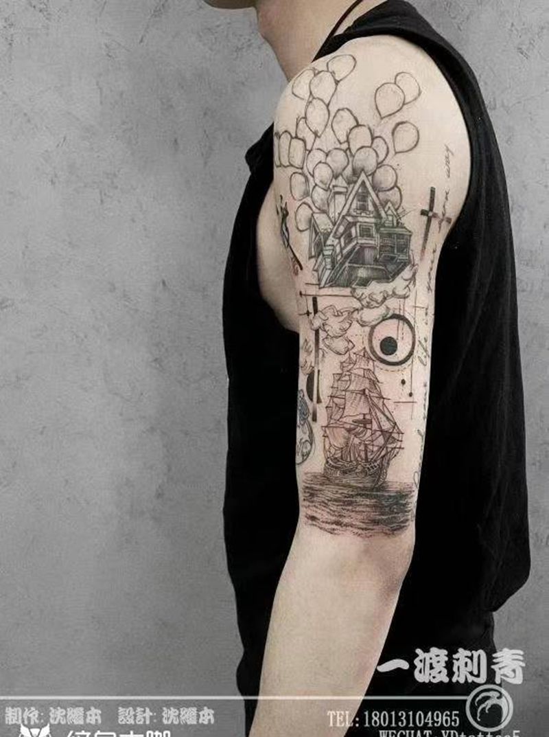 飞屋纹身图片_手臂点刺纹身图案