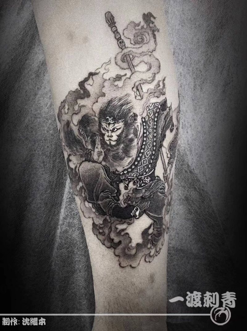 大圣纹身图片_腿部新传统纹身图案