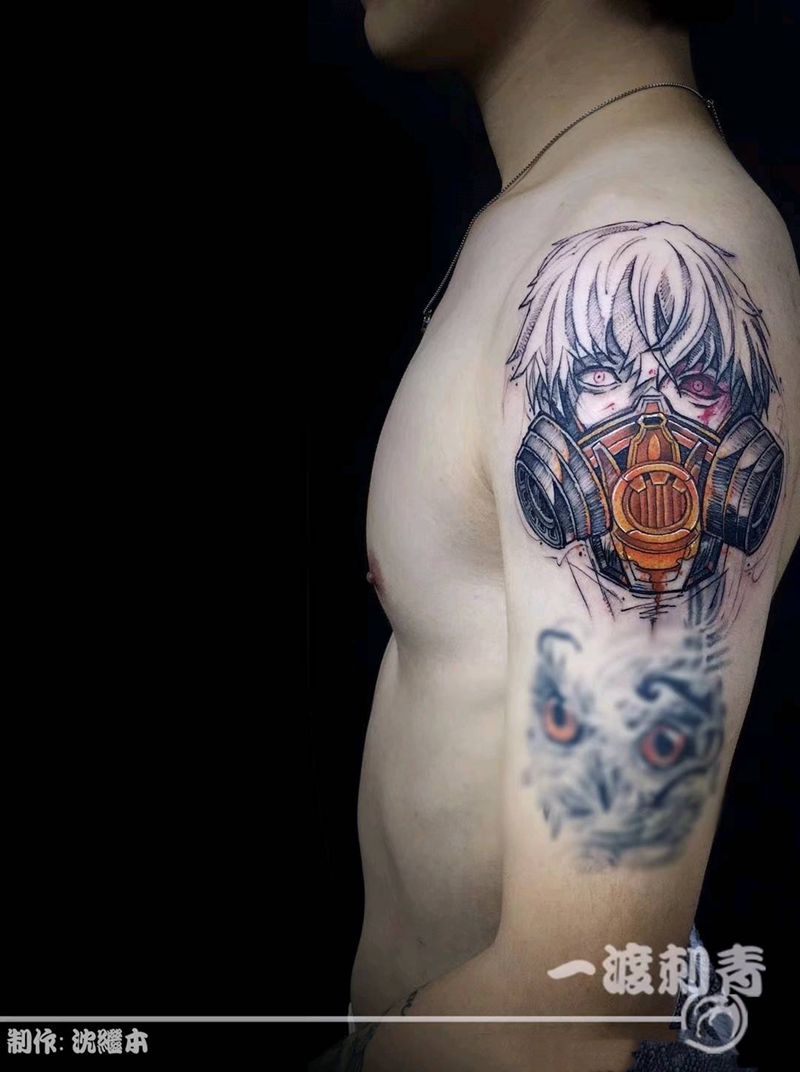 金木研纹身图片_手臂点刺New School纹身图案