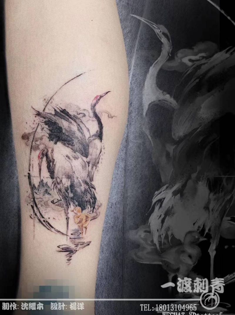 仙鹤纹身图片_手臂水彩水墨纹身图案