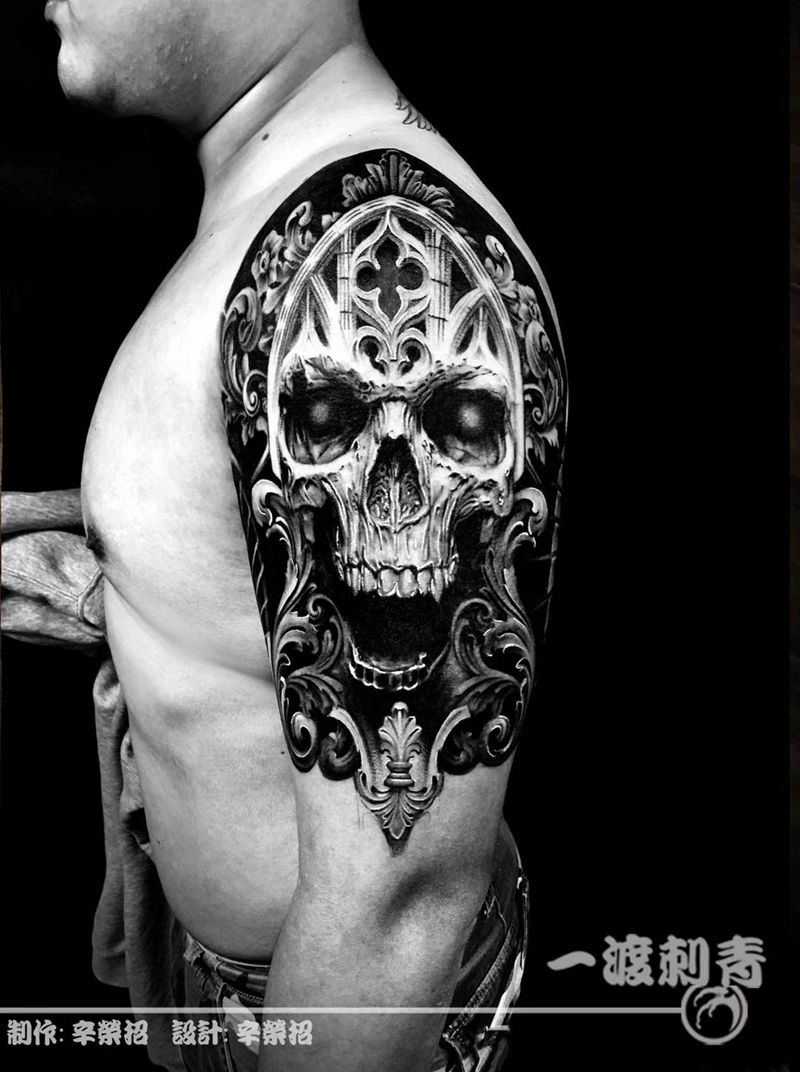 花窗骷髅纹身图片_手臂欧美写实纹身图案