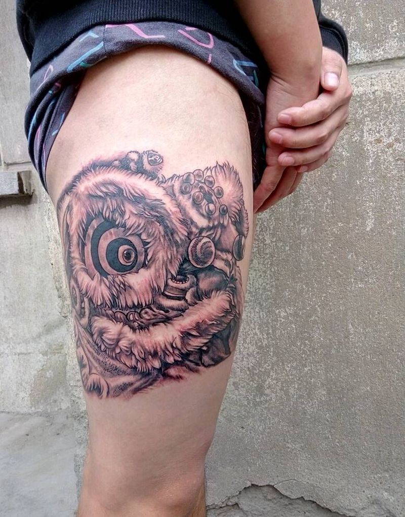 醒狮纹身图片_腿部传统动物宗教成品纹身图案