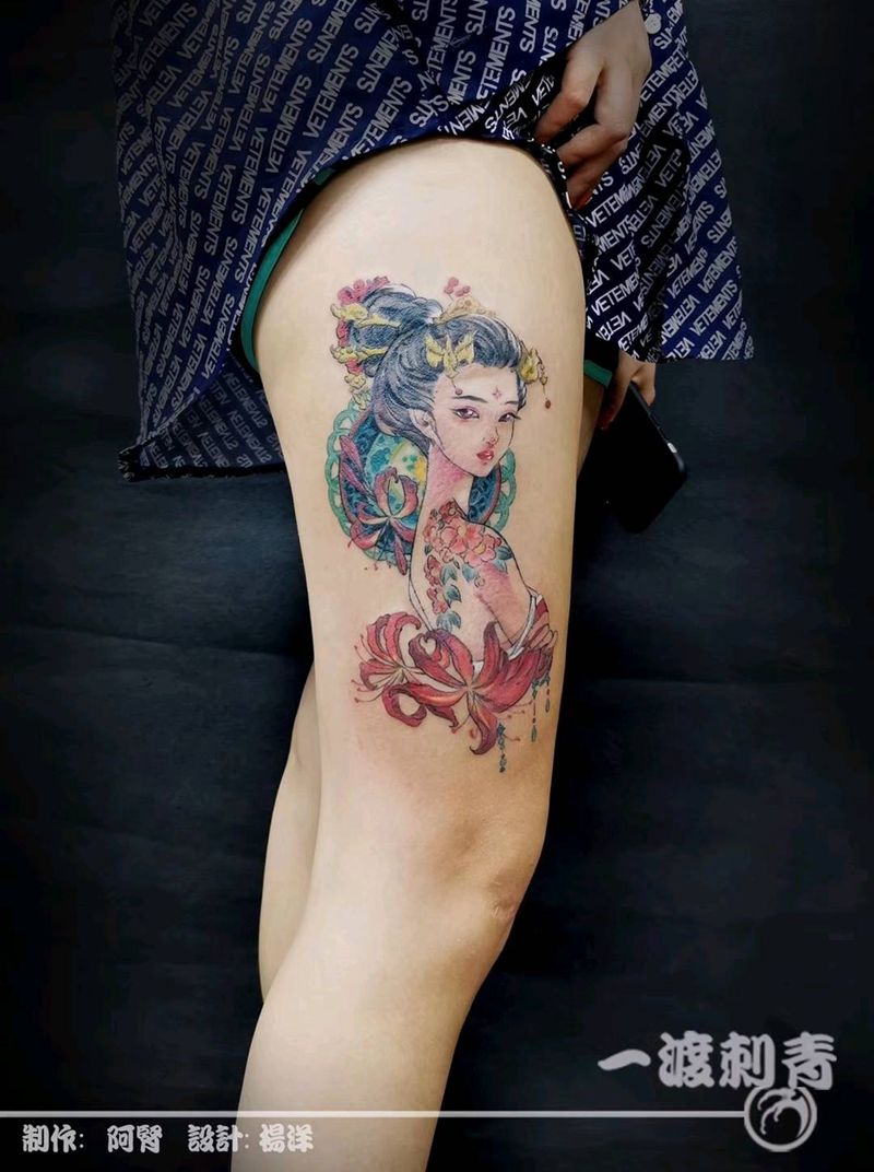 汉服肖像纹身图片_腿部水彩Old School纹身图案