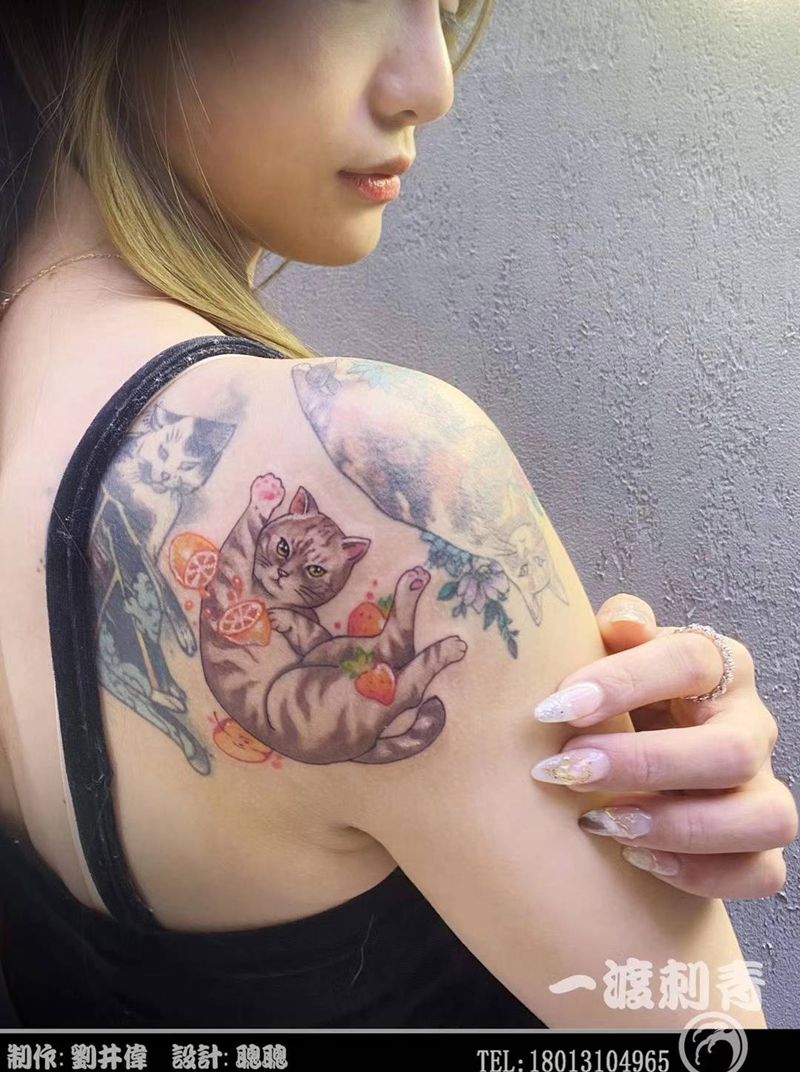 水果忍者猫纹身图片_肩部New School纹身图案