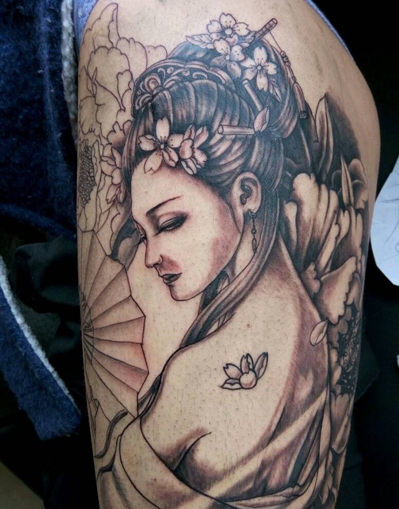 艺妓纹身图片_腿部传统肖像写实国画人物原创成品纹身图案