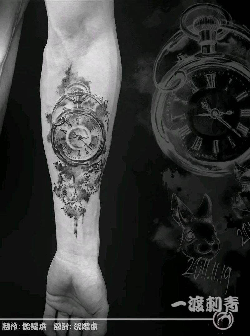 时钟生肖纹身图片_手臂水彩水墨纹身图案