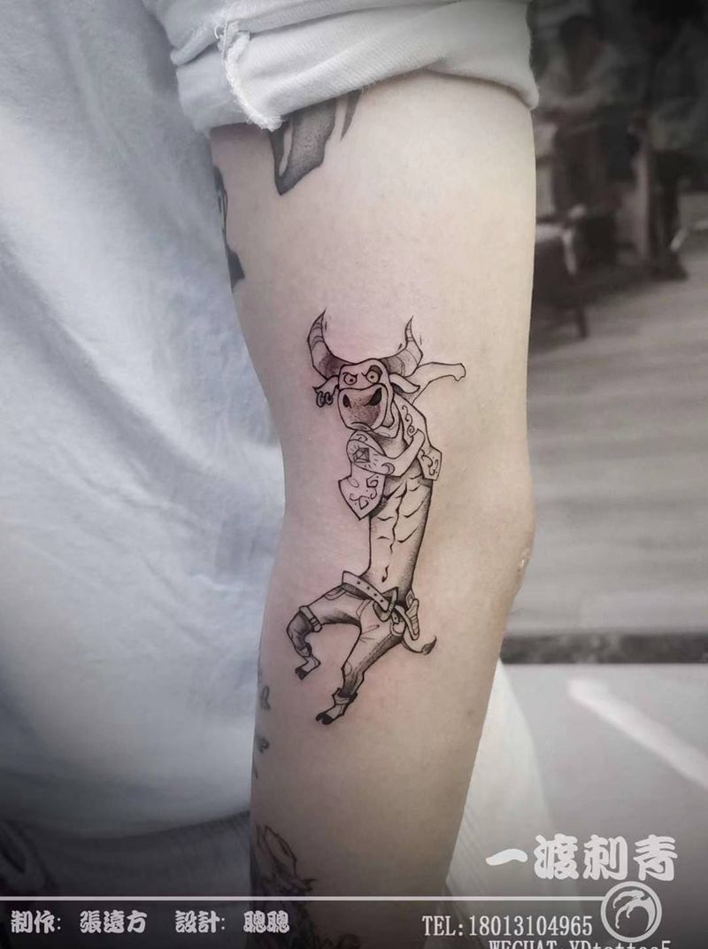 牛纹身图片_手臂New School纹身图案