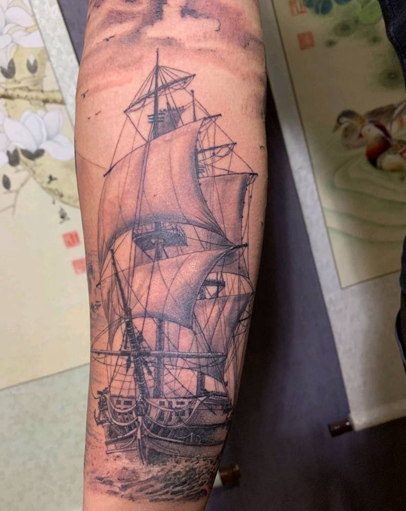 又见帆船纹身图片_手臂欧美写实纹身图案