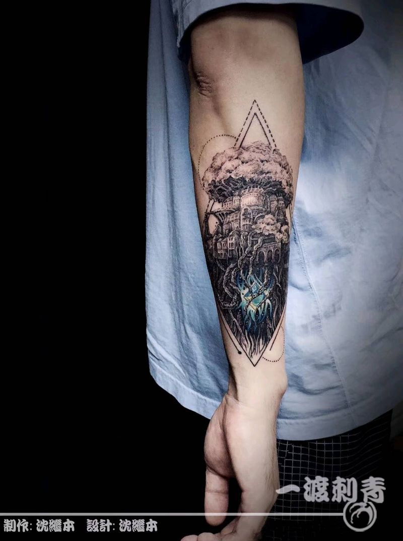 天空之城纹身图片_手臂点刺纹身图案