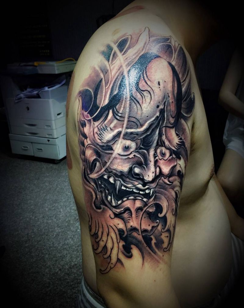 大臂般若遮盖纹身图片