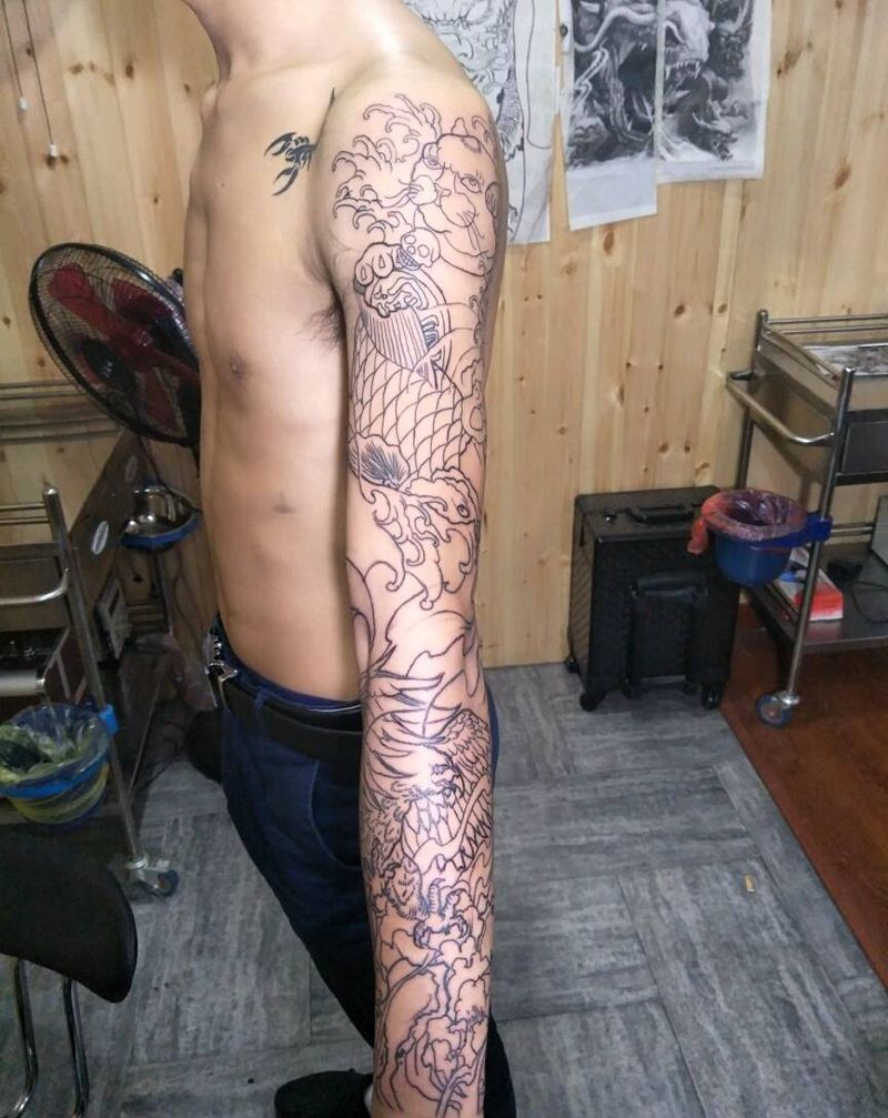 花臂线条纹身图片