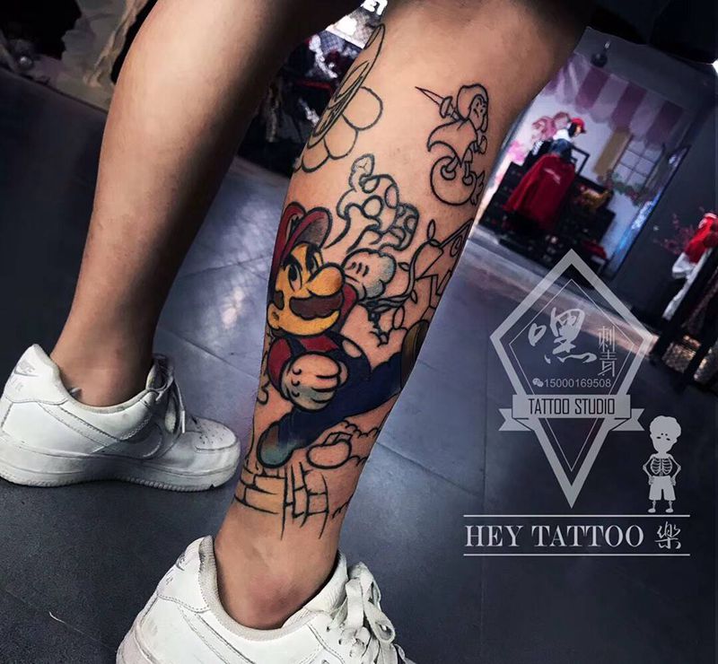 马里奥纹身图片_腿部纹身图案