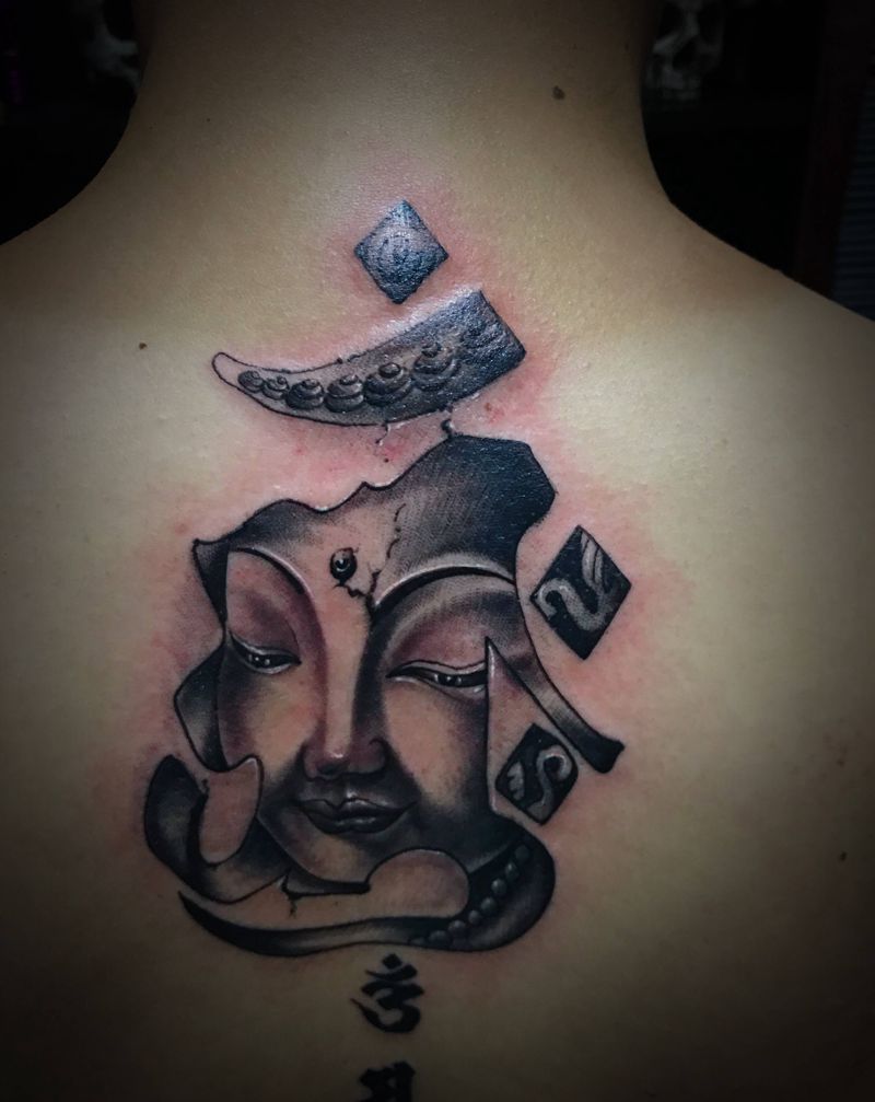 大日如来 六字真言纹身图片_背部新传统纹身图案