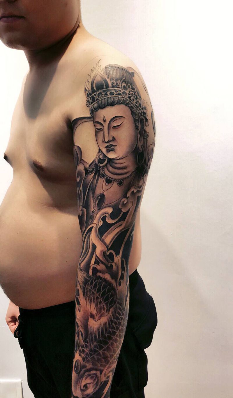 观音 鱼包臂纹身图片_新传统纹身图案