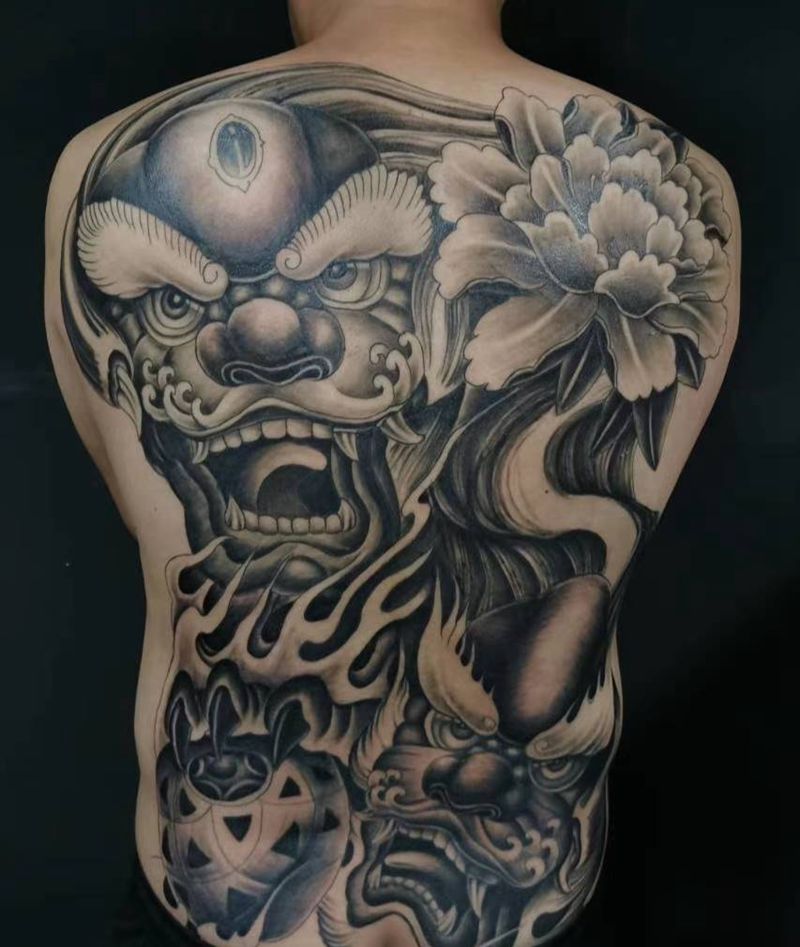 唐狮纹身图片_背部新传统纹身图案