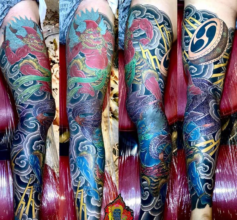 台灣刺魔彫暉刺青(風神雷神)纹身图片_腿部脚部老传统纹身图案