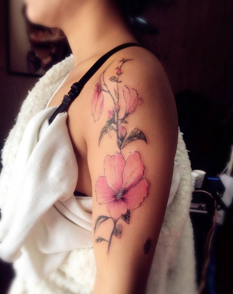 美女大臂花纹身图片_成品手臂清新植物纹身图案