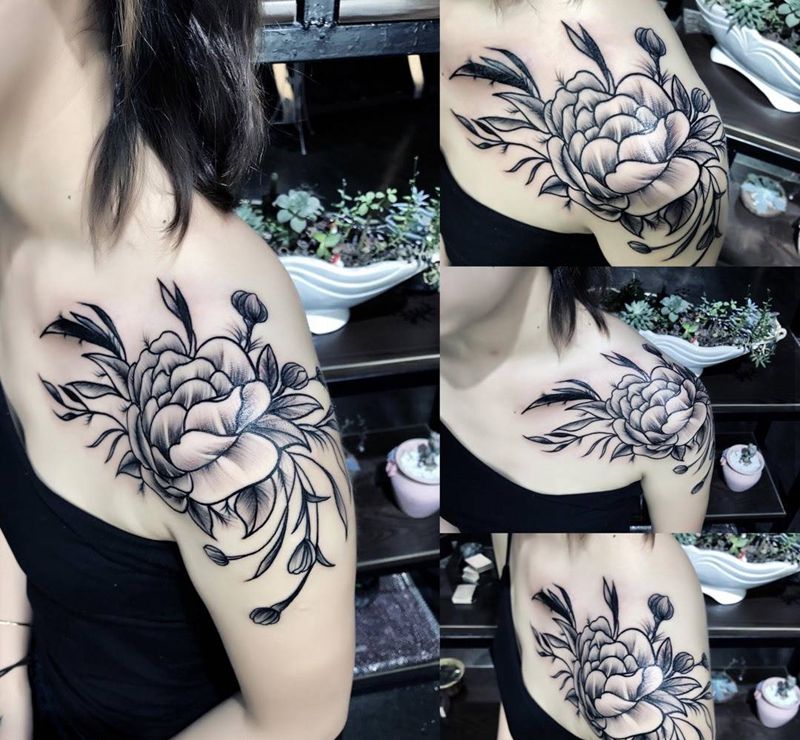 爆肩花纹身图片_原创清新欧美肩部成品插画手稿纹身图案