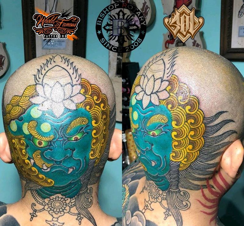 HoriHui設計作品不動唐獅纹身图片_颈部老传统新传统不动明王唐狮子不动唐狮纹身图案